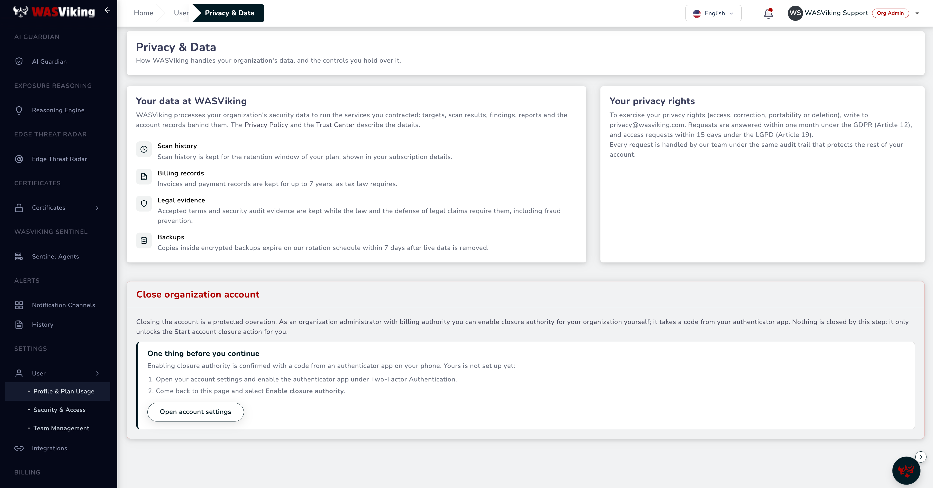 Privacy & Data page with the Your data at WASViking and Your privacy rights cards, and the Close organization account card asking the administrator to set up an authenticator app first