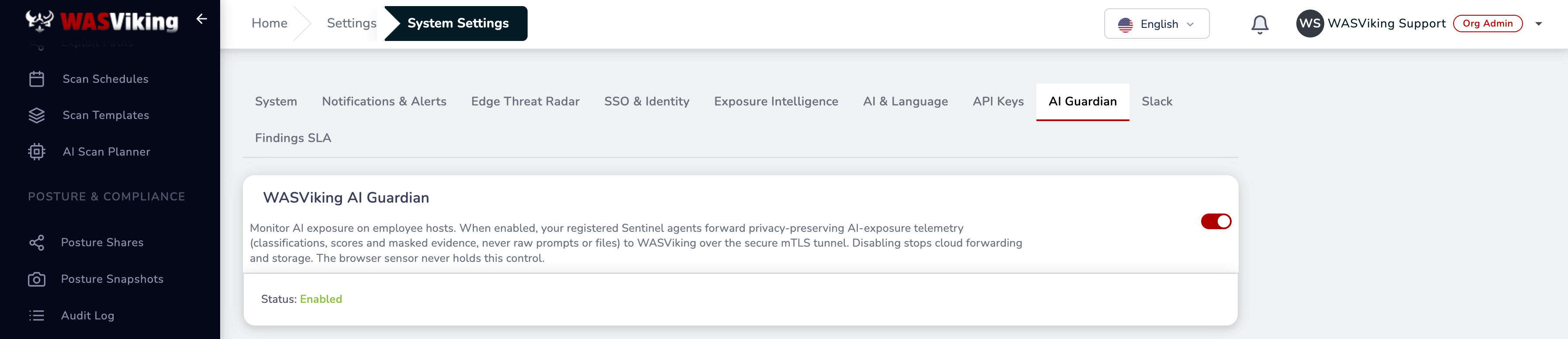 AI Guardian master toggle in System Settings, showing Status: Enabled