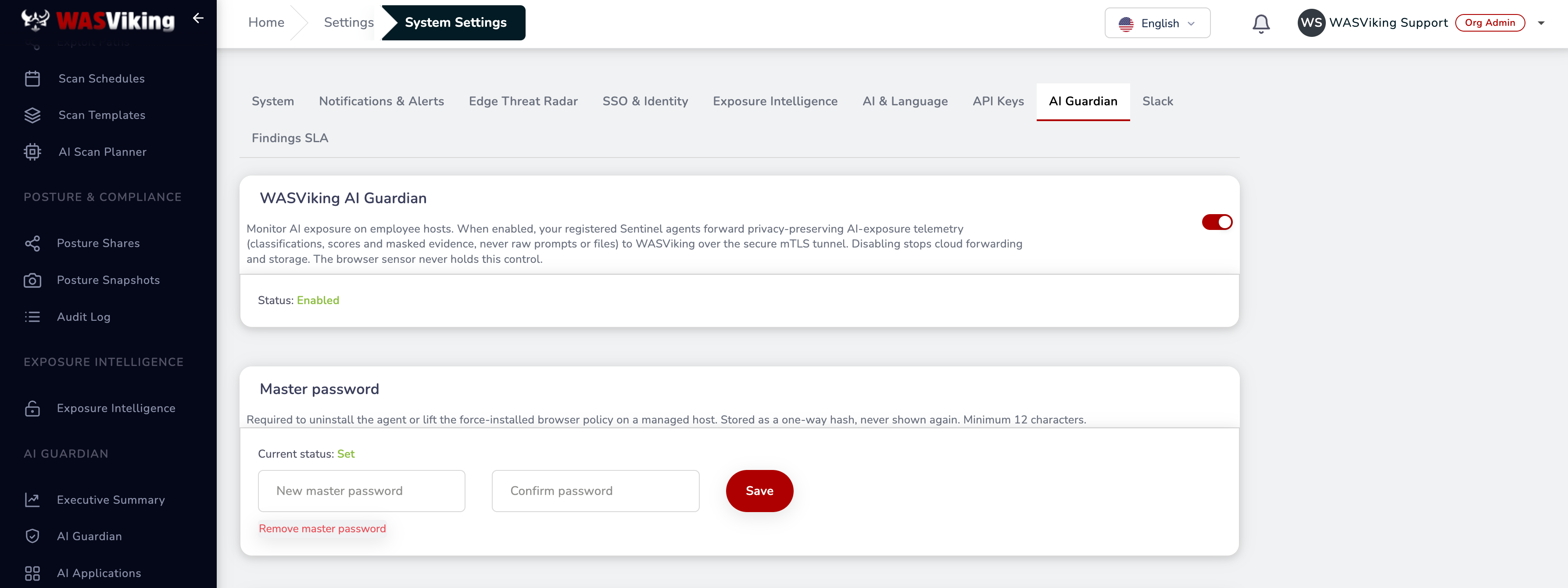 Master password panel with New / Confirm fields and Current status: Set