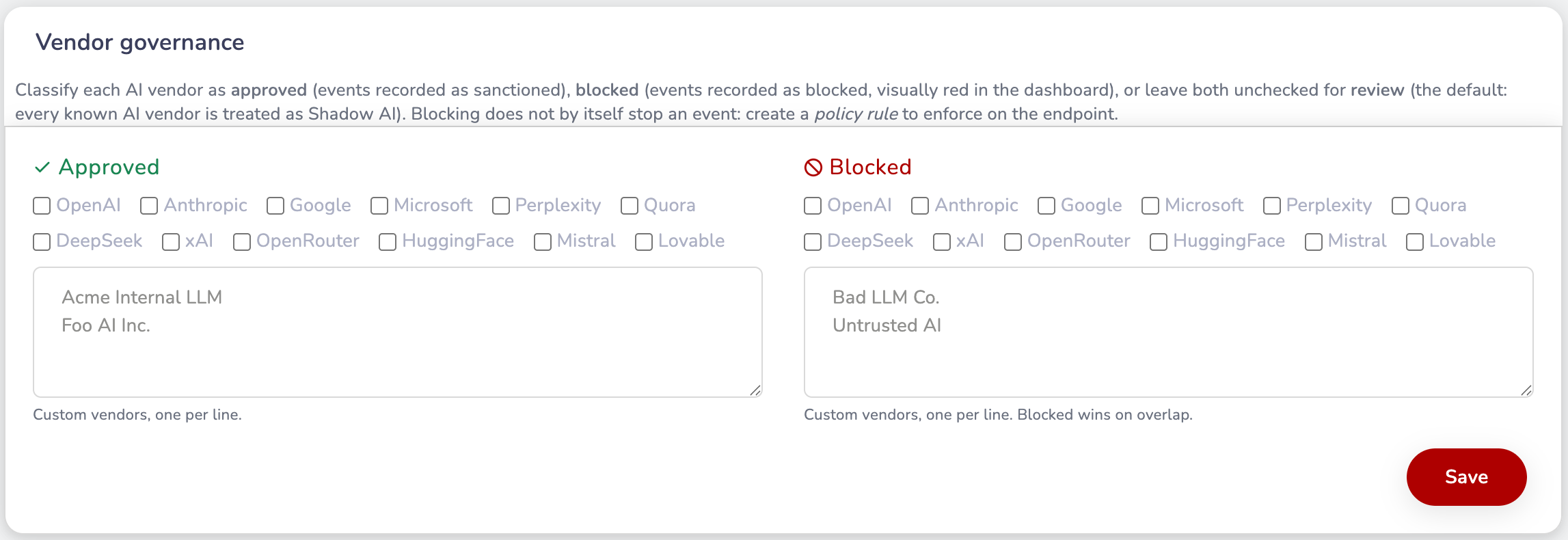 Vendor governance with Approved and Blocked columns of vendor checkboxes and custom textareas