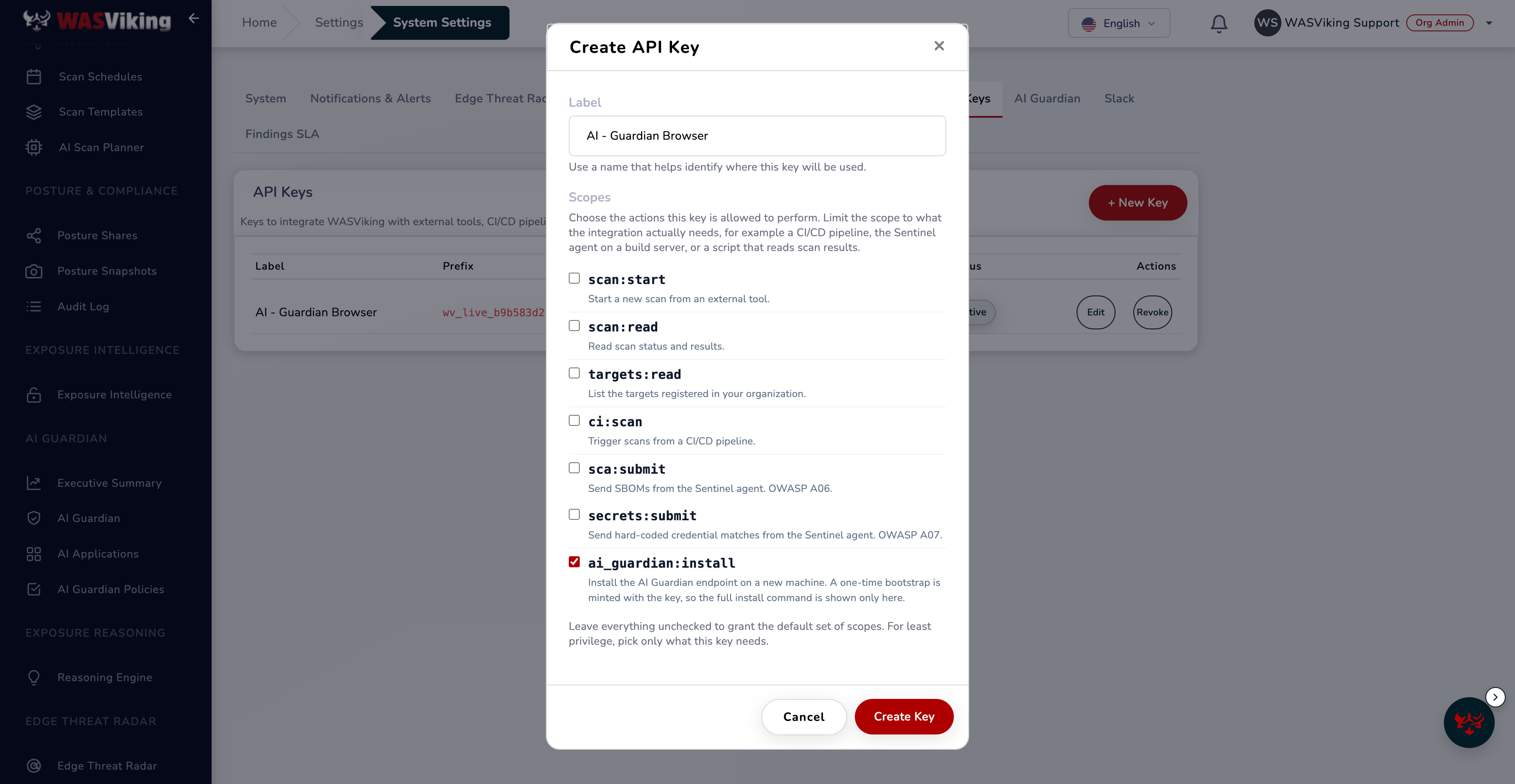 Create API Key modal with the ai_guardian:install scope checked