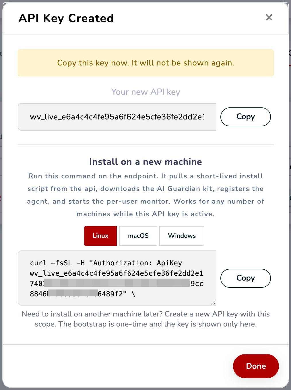Key display modal showing the raw key and the OS-tabbed install command