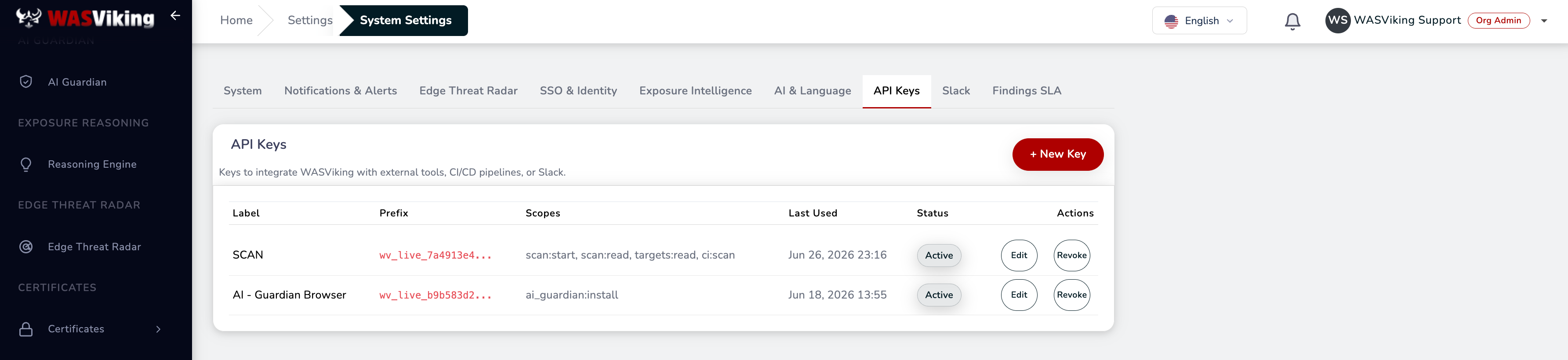 System Settings, API Keys tab, with the key list