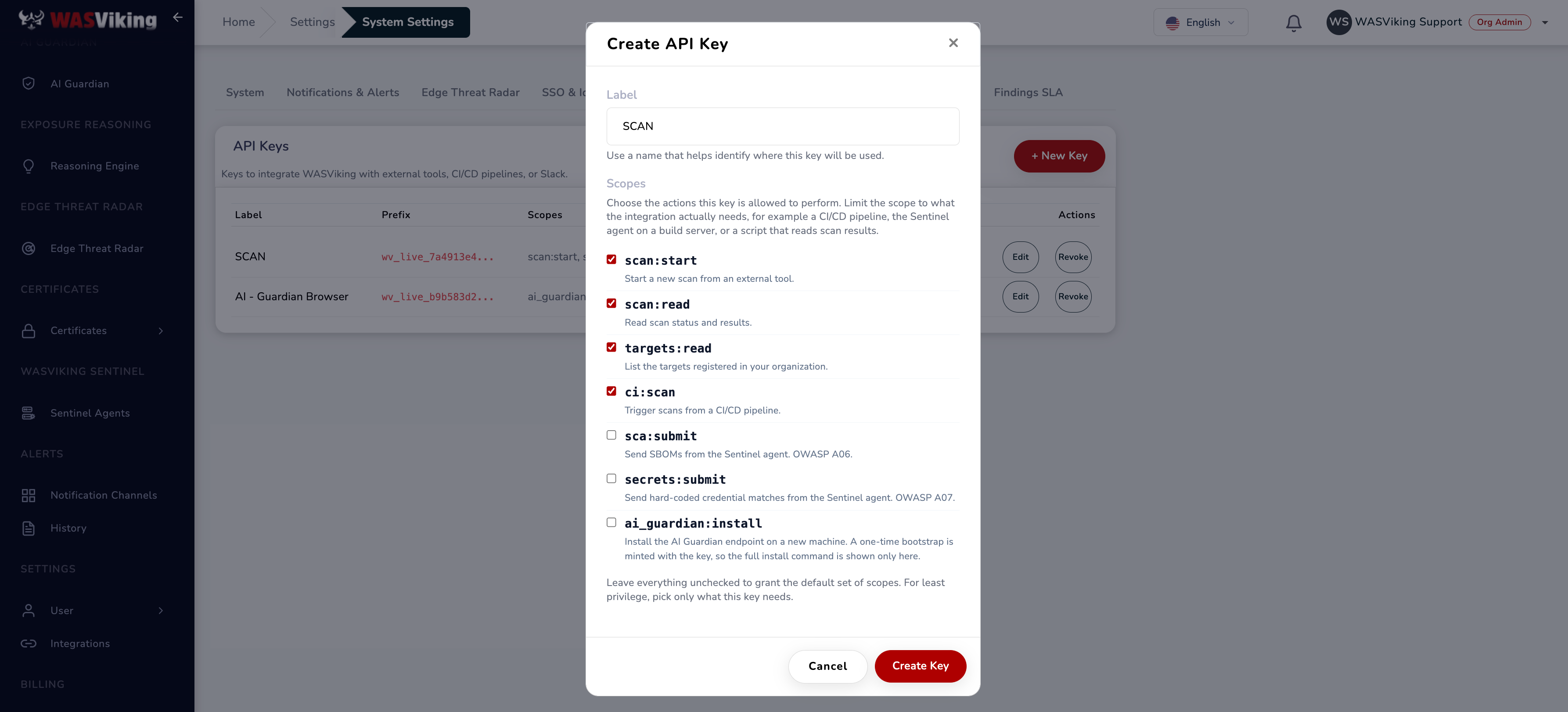 API Key scope picker with ci:scan selected