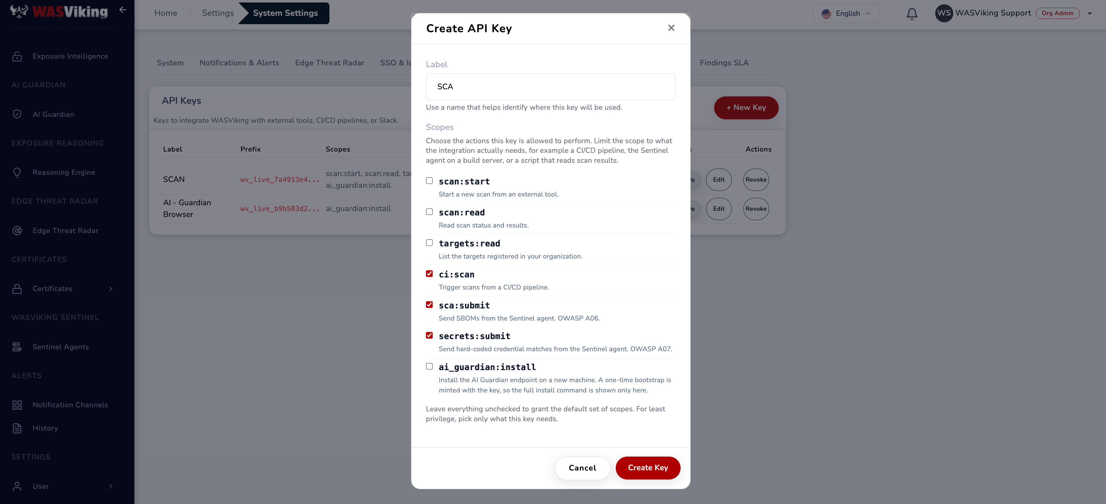 API Key scope picker with sca:submit and secrets:submit selected