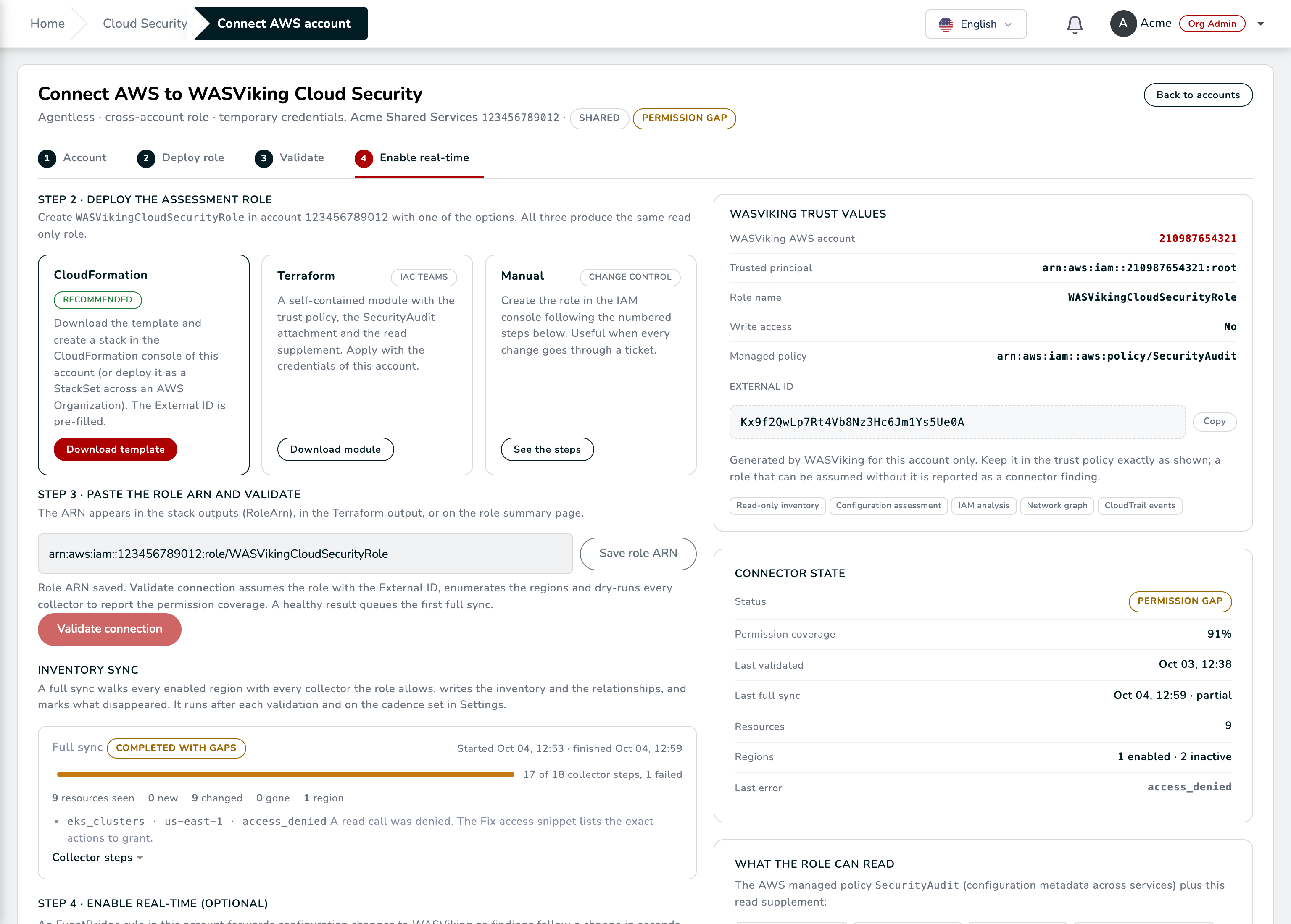 The deploy page: the three ways to create the role, the trust values with the External ID, and the connector state