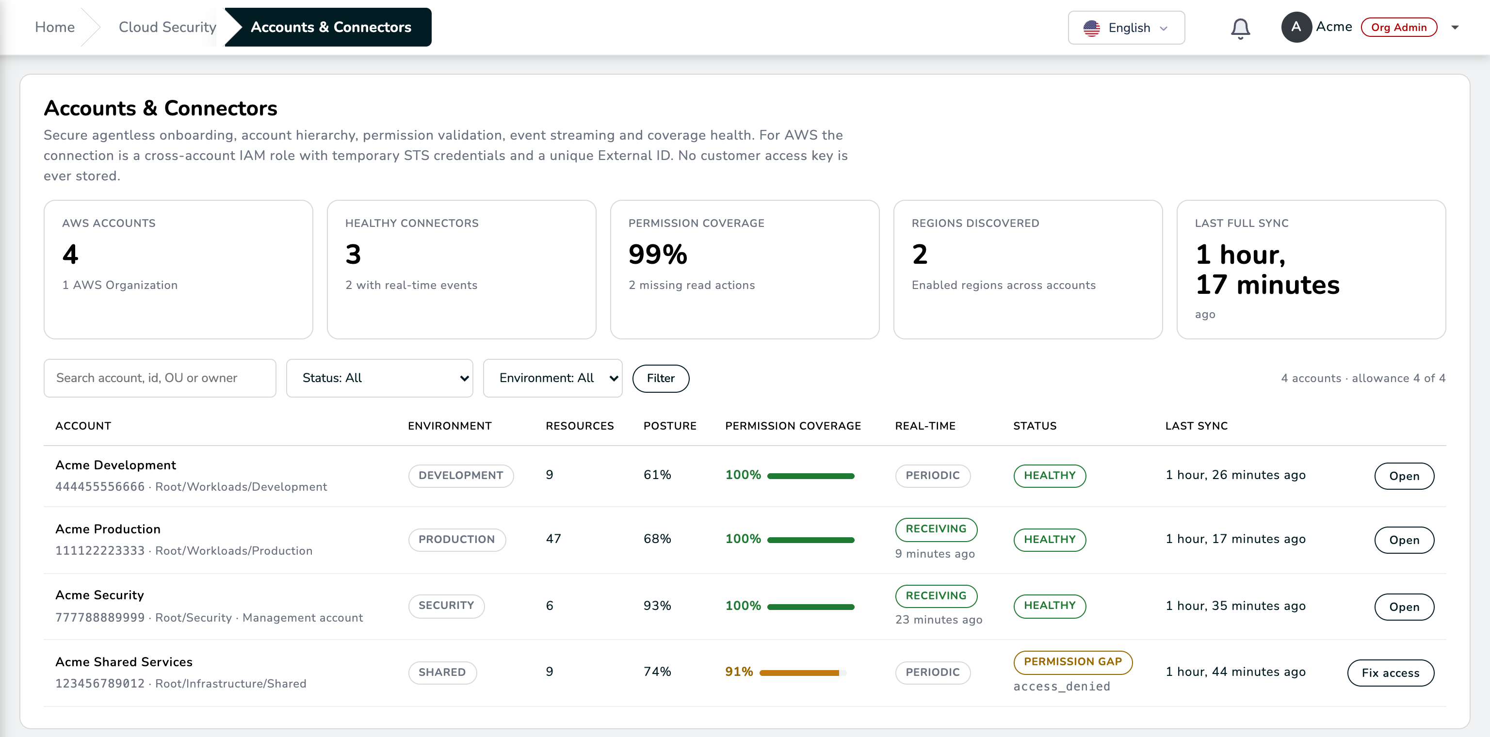 Accounts & Connectors: the connected accounts with their coverage, real-time state and status, and the register form of the connect wizard