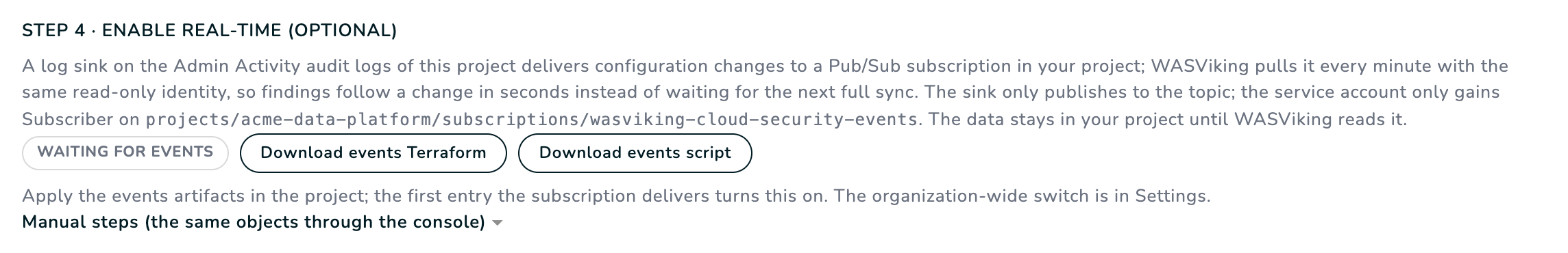 Step 4 of a Google Cloud project: the Waiting for events state, the two event artifacts and the manual steps