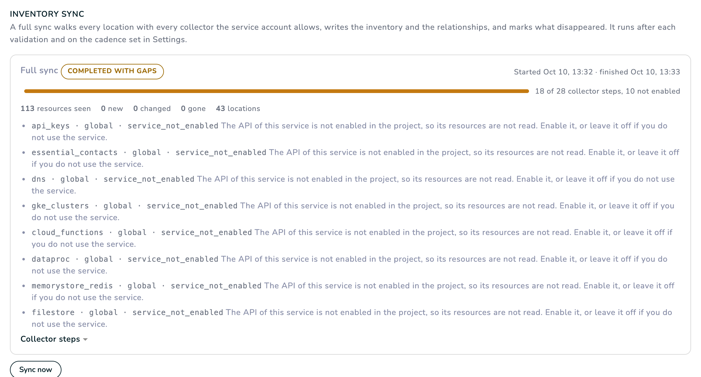 The inventory sync of a Google Cloud project: a full sync completed with gaps, the collector steps done and not enabled, the resources seen, the locations, and the services whose API is not enabled