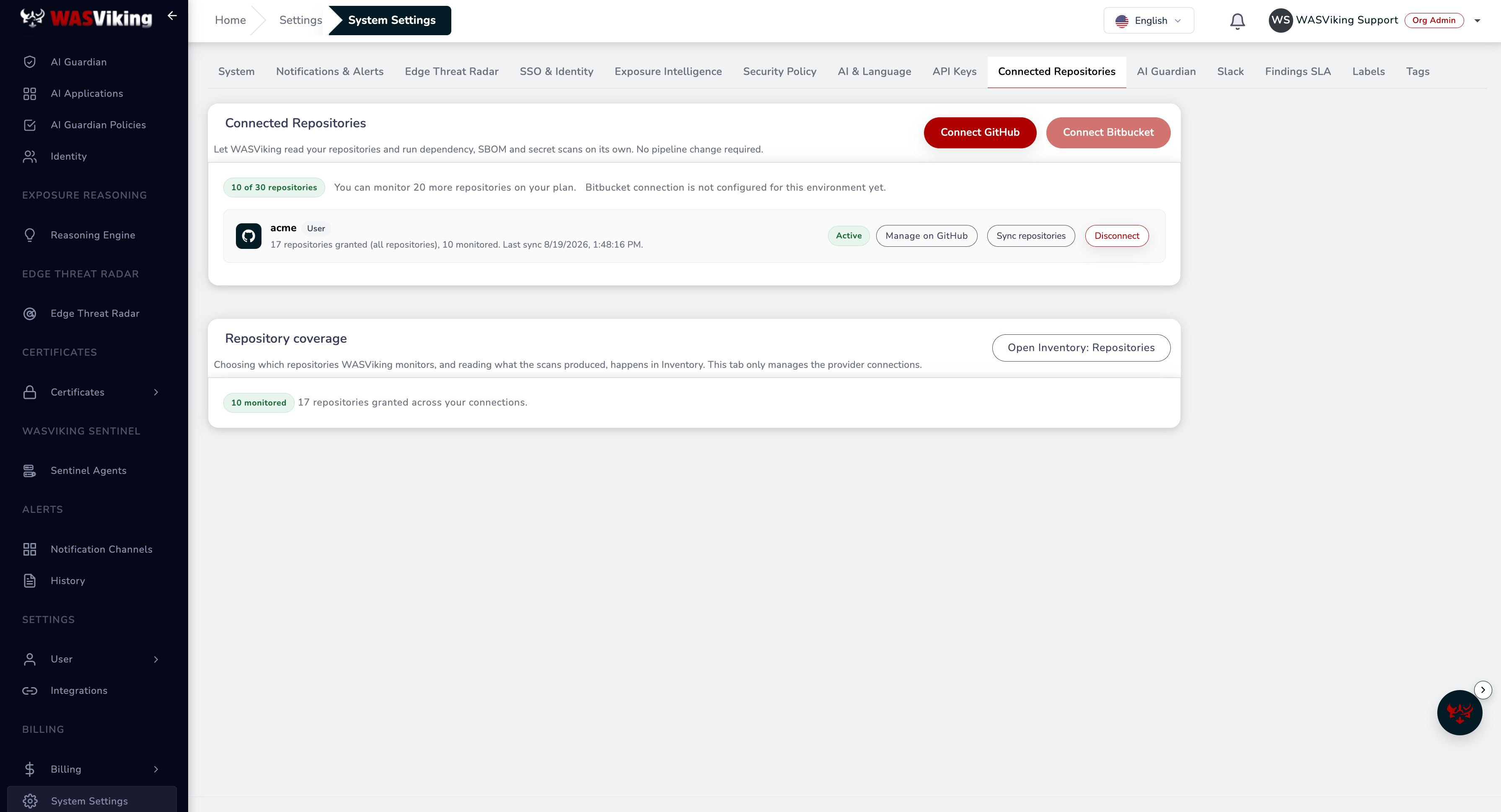 Settings, Connected Repositories tab, with an active GitHub connection showing repositories granted, how many are monitored and the last sync