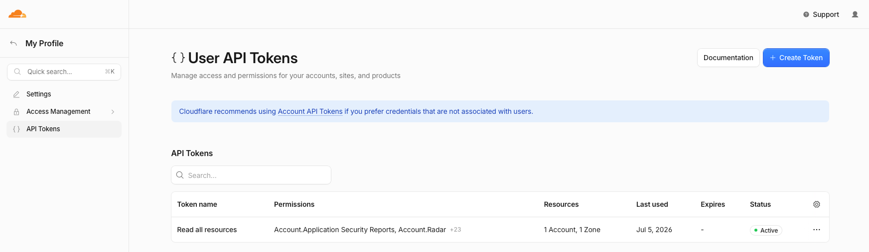 Cloudflare API Tokens screen with the Create Custom Token option
