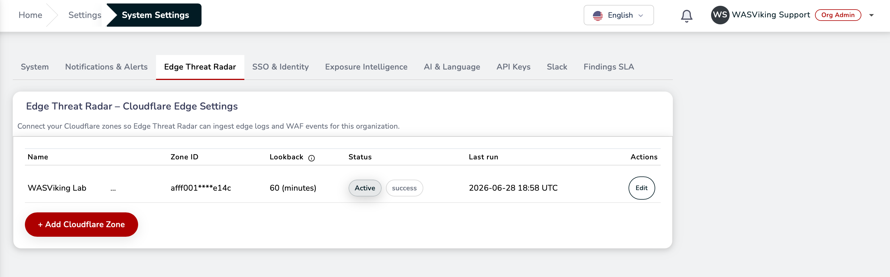 WASViking System Settings, Edge Threat Radar tab, listing connected Cloudflare zones