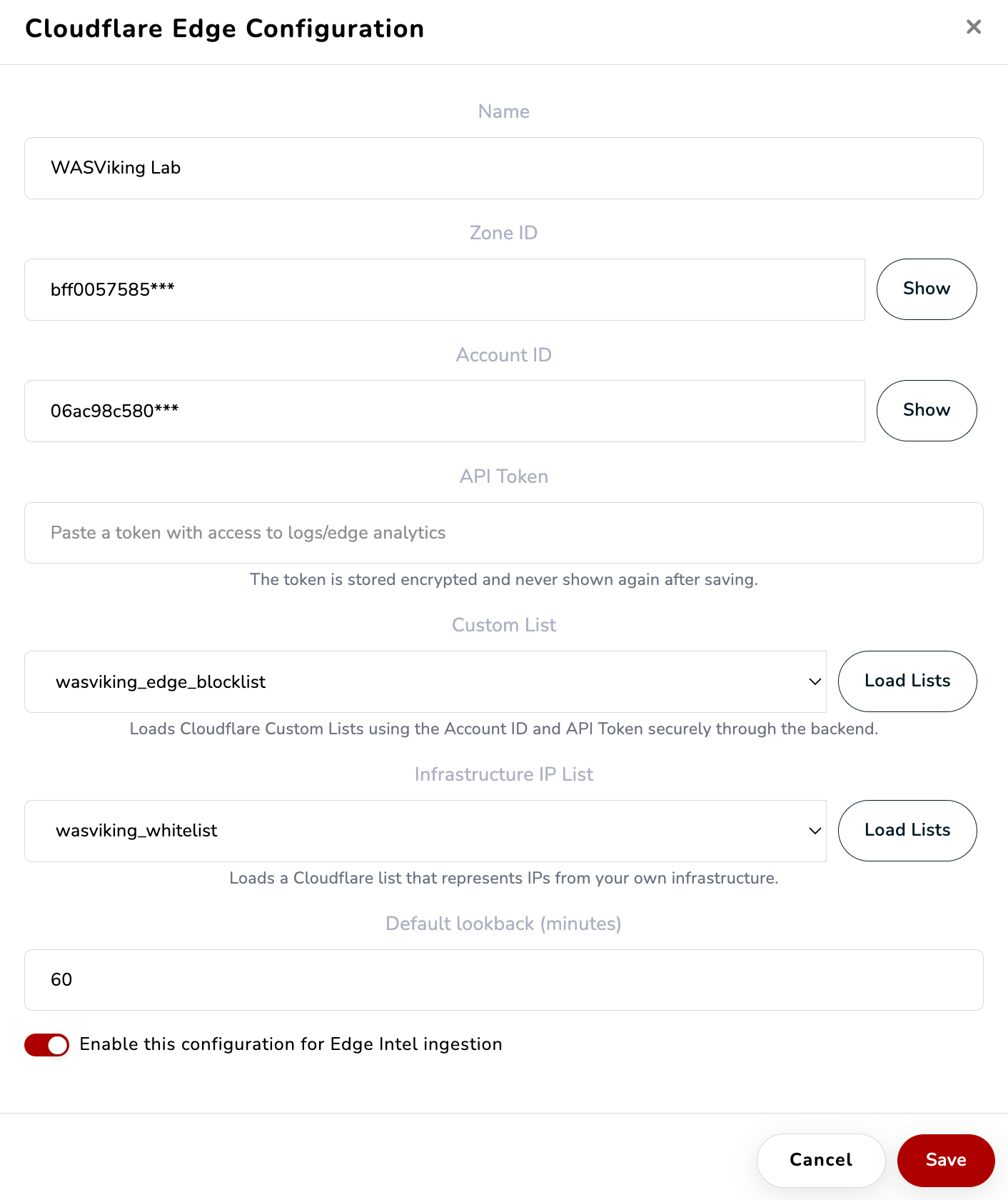 Cloudflare Edge Configuration dialog in the WASViking portal