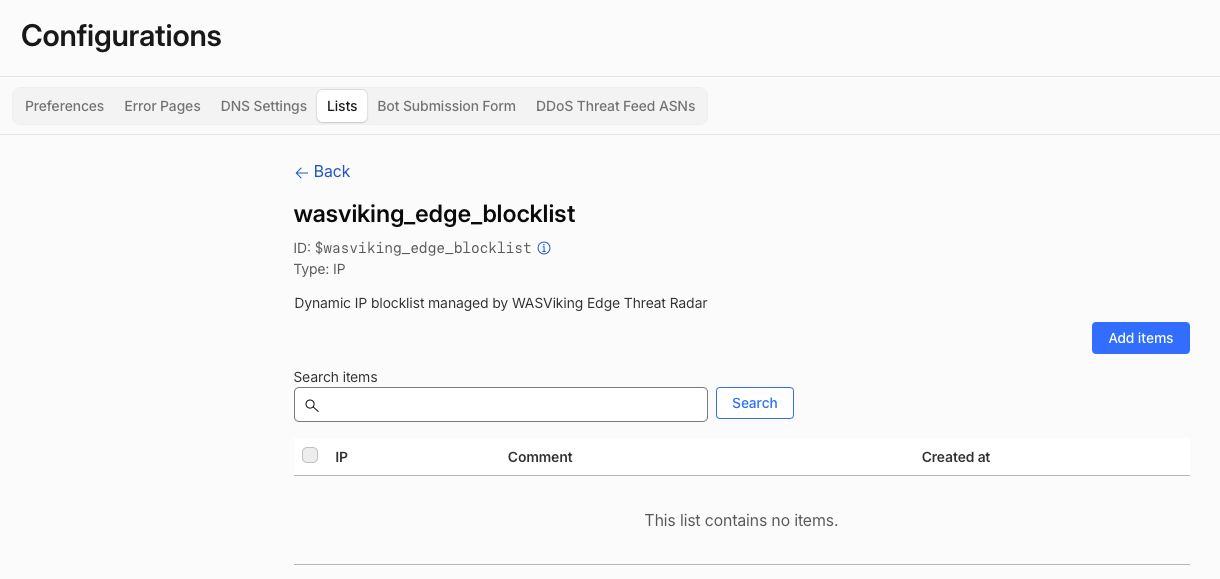 Cloudflare Custom Lists screen with the wasviking_edge_blocklist entry
