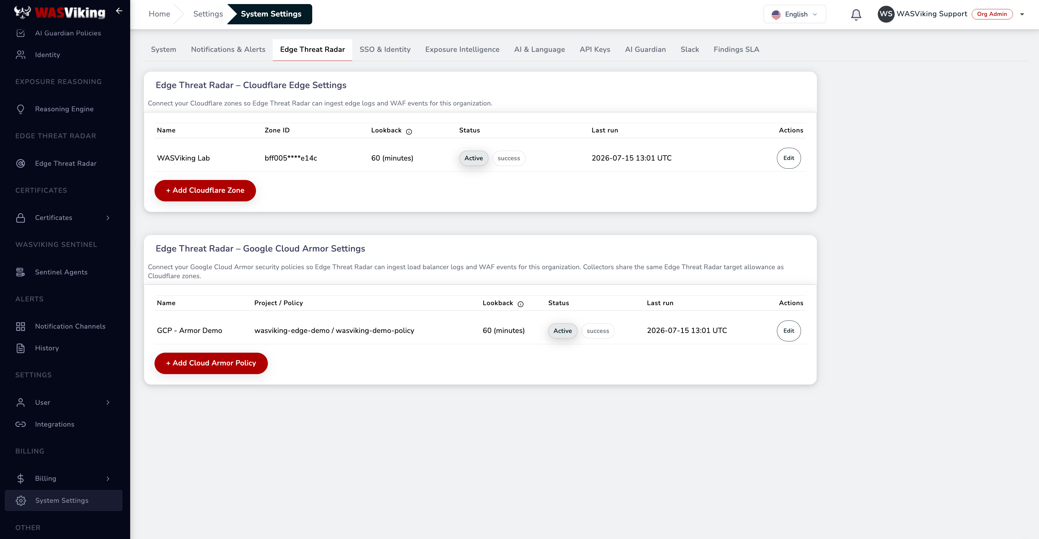 WASViking System Settings, Edge Threat Radar tab, Google Cloud Armor Settings card
