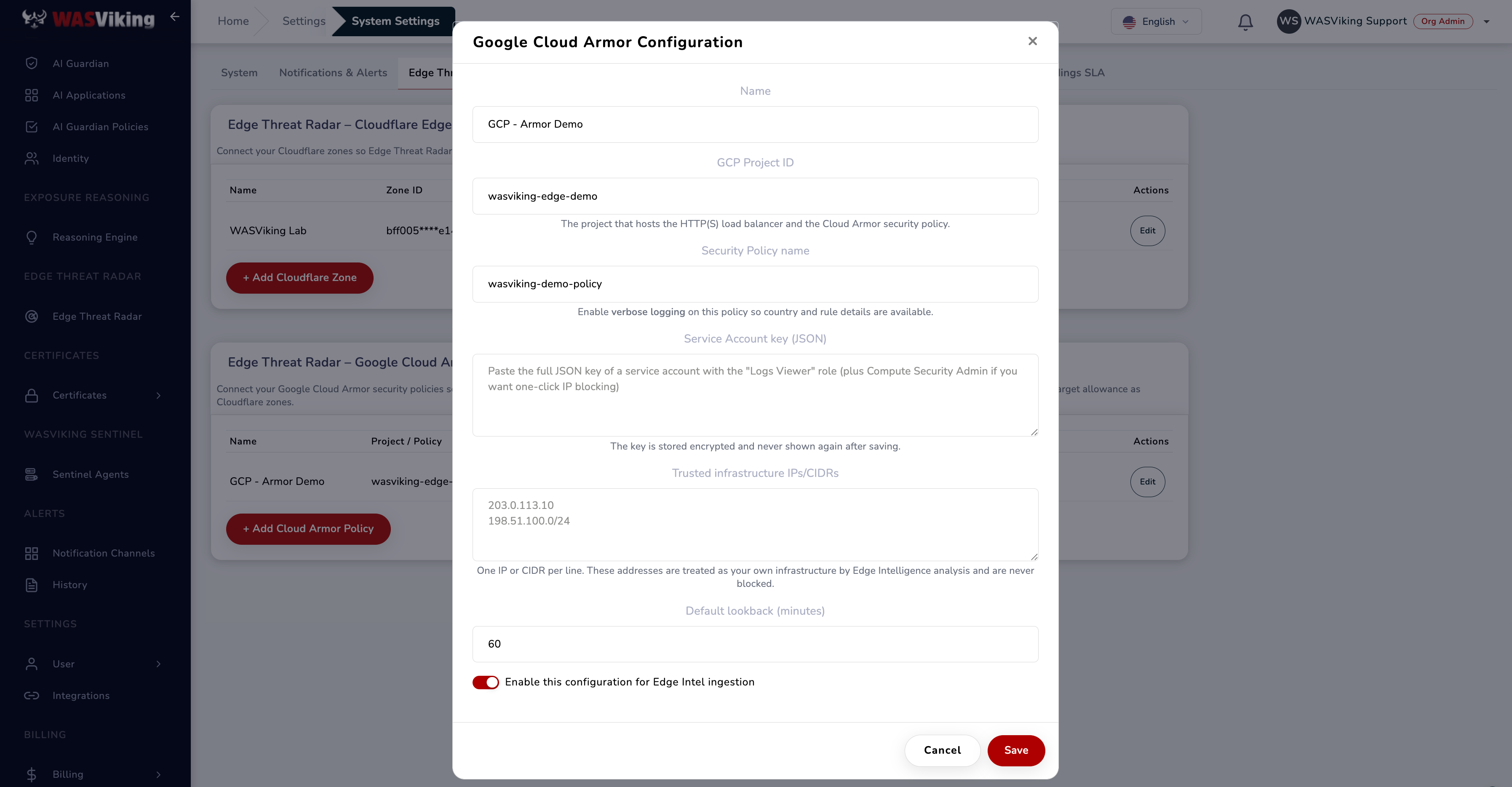 Google Cloud Armor Configuration dialog in the WASViking portal