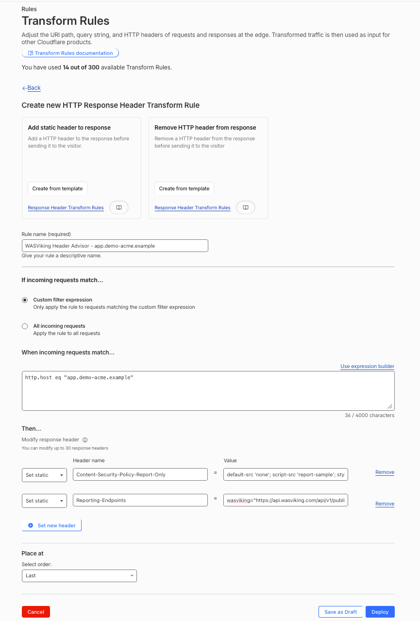 A regra da Cloudflare que carrega o header de descoberta: correspondência por hostname, dois headers de resposta estáticos, posicionada por último