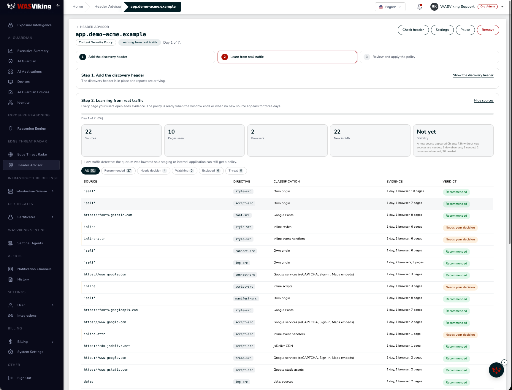 Passo 2 do advisor no primeiro dia: fontes, páginas vistas, navegadores e a tabela de fontes com os vereditos
