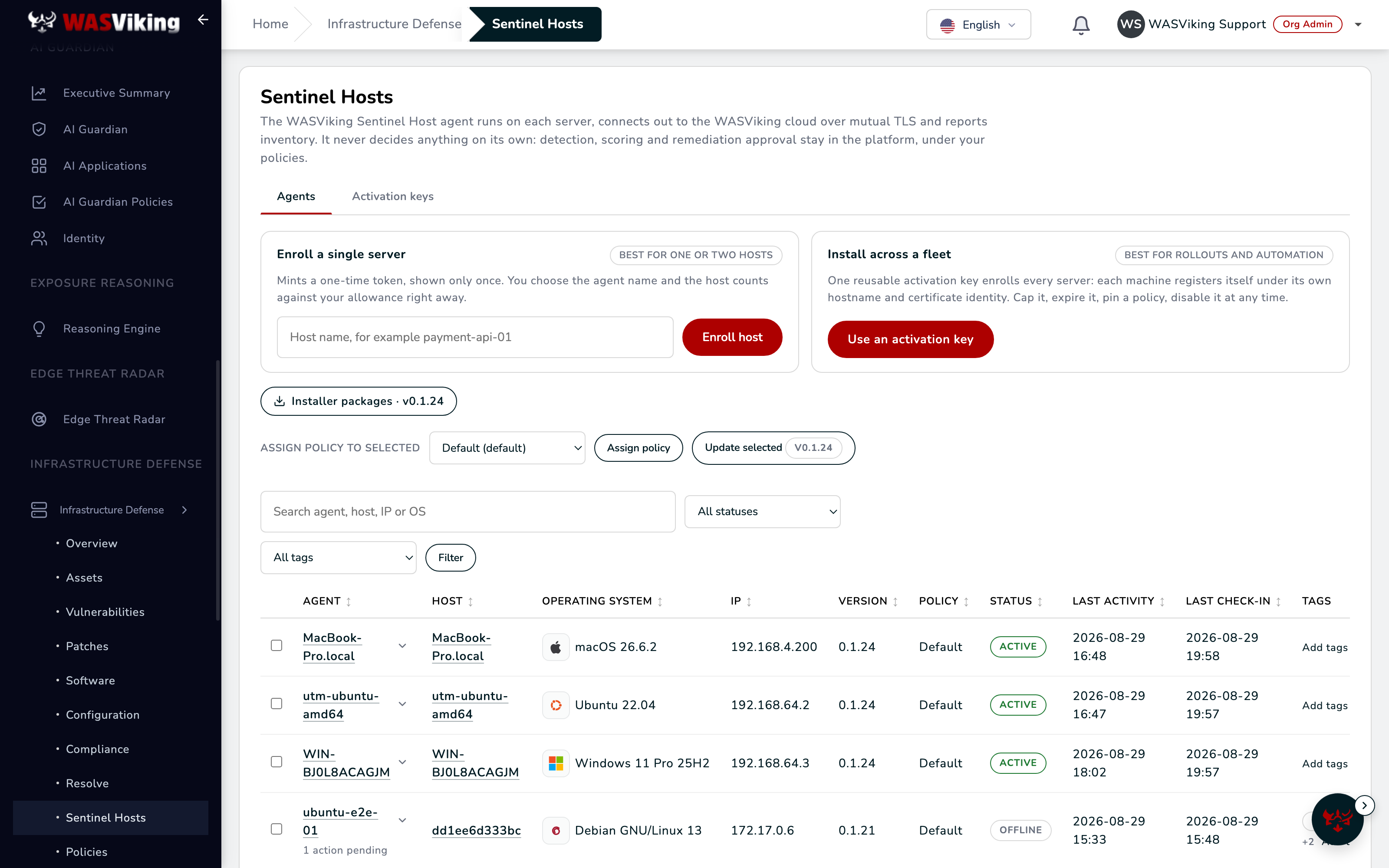 Agents tab listing macOS, Ubuntu, Windows and Debian hosts with status, version and policy