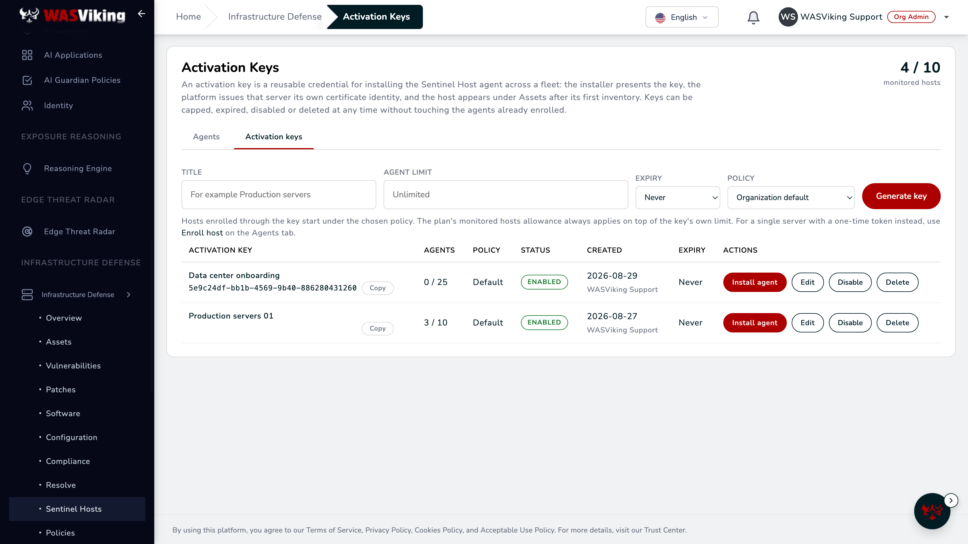 Activation keys tab with a reusable key, its agent cap, policy and status