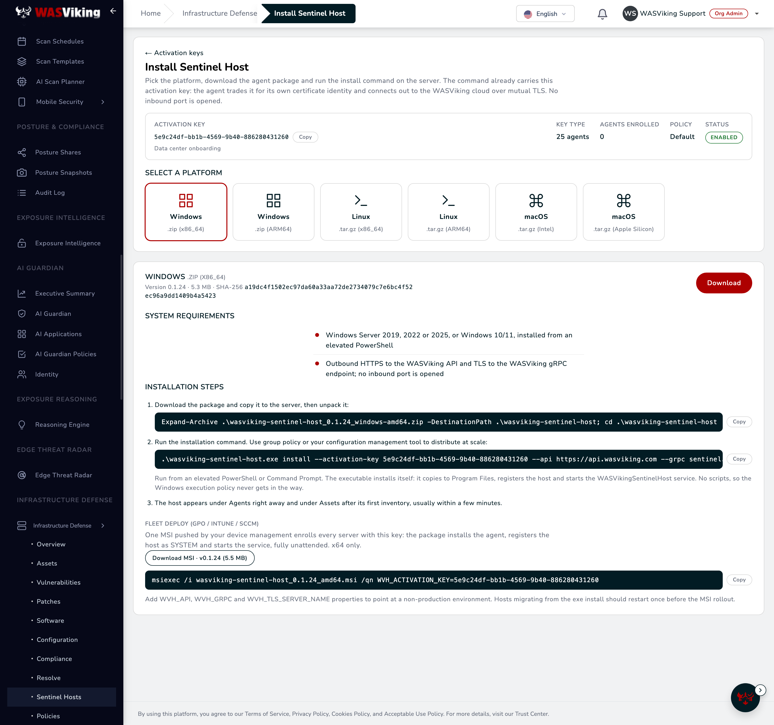 Install page with the Windows package selected, installation steps and the MSI fleet deployment block