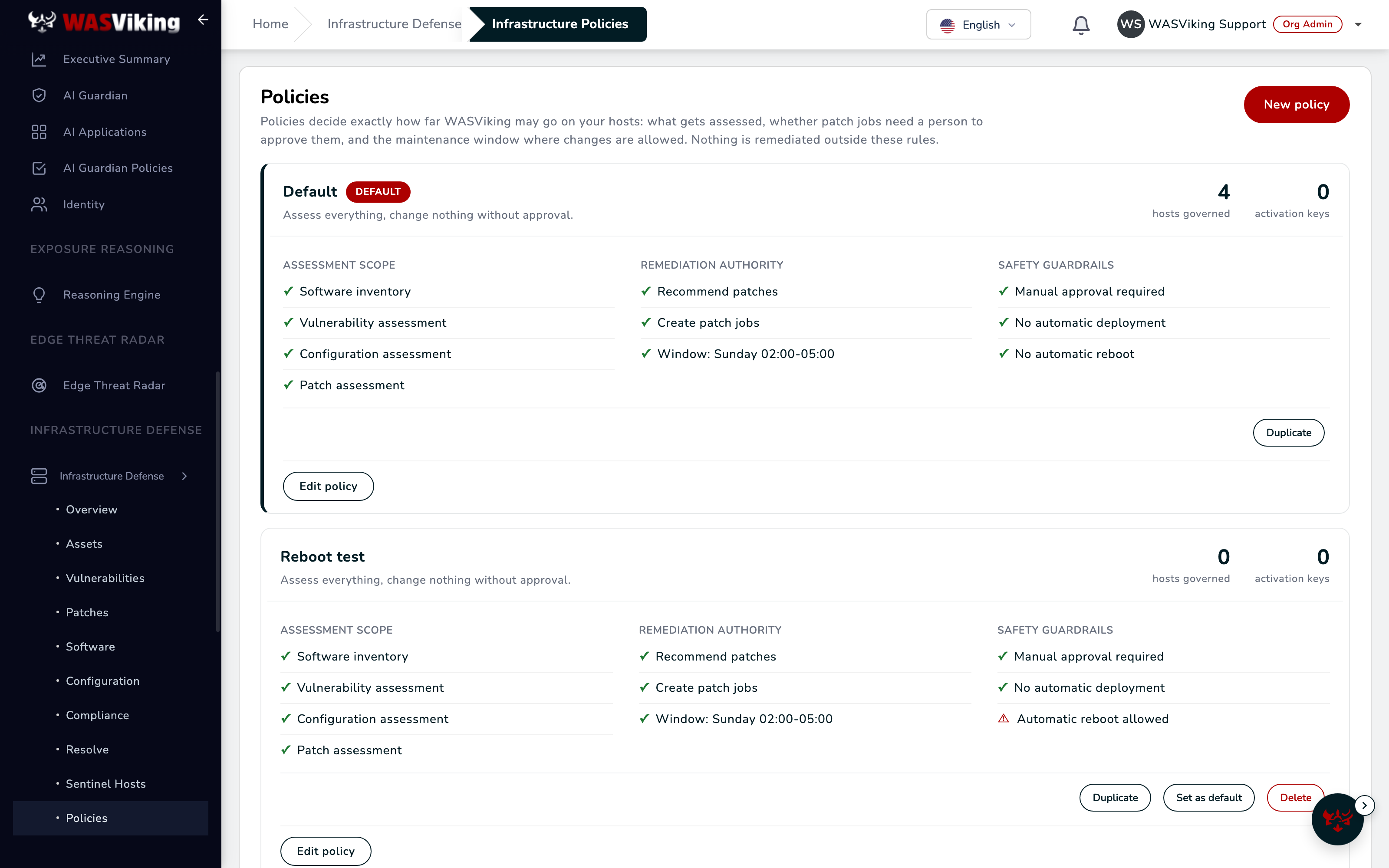 Policies screen with the default policy: assessment scope, remediation authority and safety guardrails