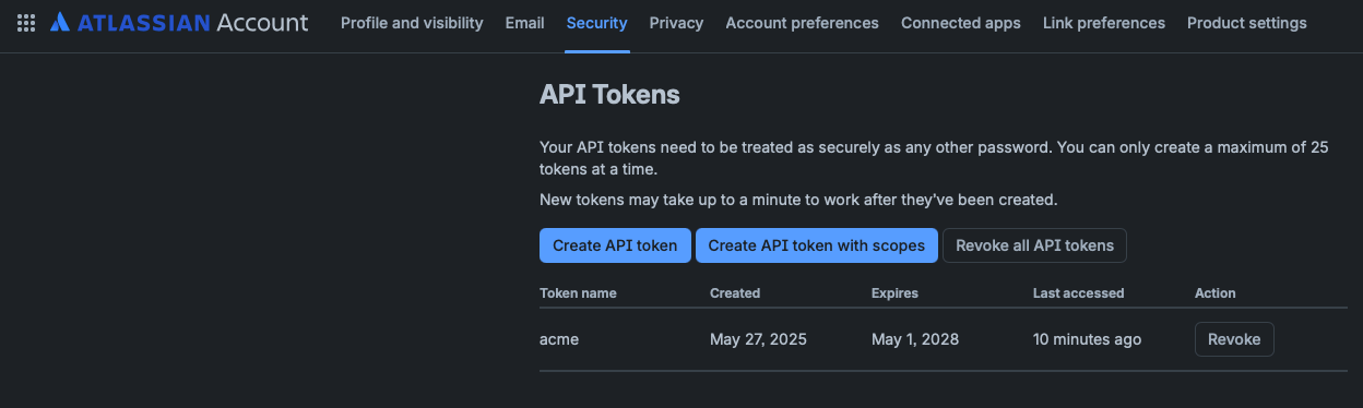 Aba Security da conta Atlassian, página API Tokens, com o botão Create API token e um token chamado acme mostrando a data de criação, a data de expiração e o último acesso
