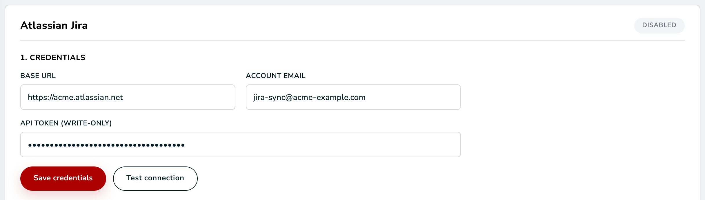 Página Integrations da WASViking, aba Atlassian Jira, seção 1 Credentials com a base URL, o e-mail da conta e o token de API mascarado preenchidos, ao lado dos botões Test connection e Save credentials
