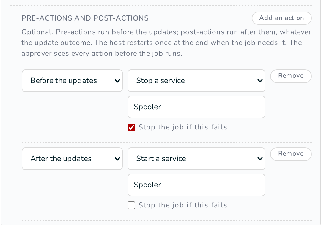 Pre-actions and post-actions in the Review of a patch job: before the updates, stop the service Spooler and stop the job if this fails; after the updates, start the service Spooler