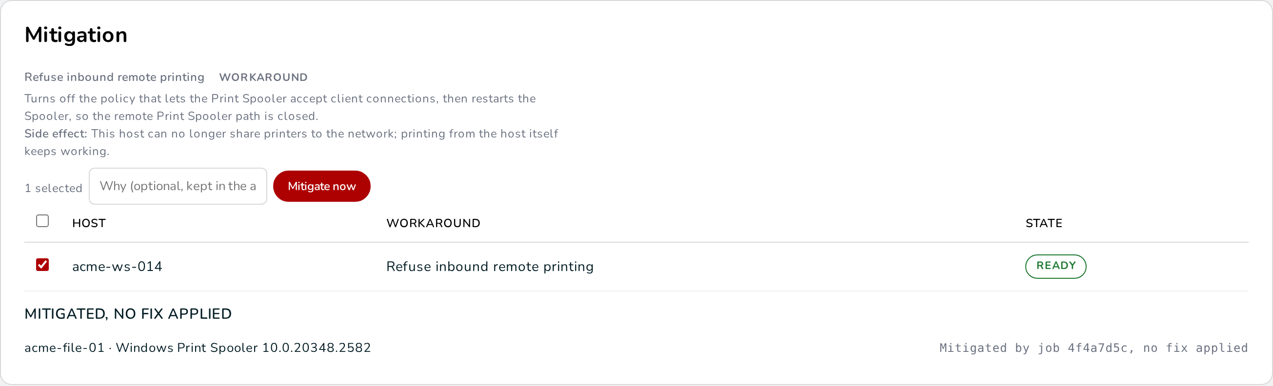 Mitigation options for CVE-2021-34527: the Refuse inbound remote printing workaround with its side effect, acme-ws-014 selected and Ready, the Mitigate now button, and acme-file-01 listed under Mitigated, no fix applied