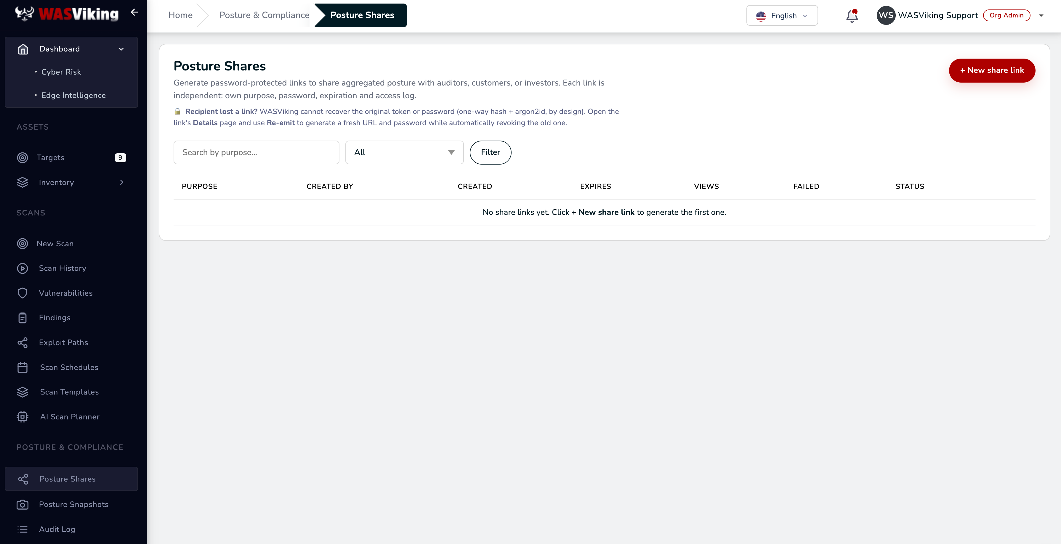 Posture Shares page with the search, filter, and the share links table