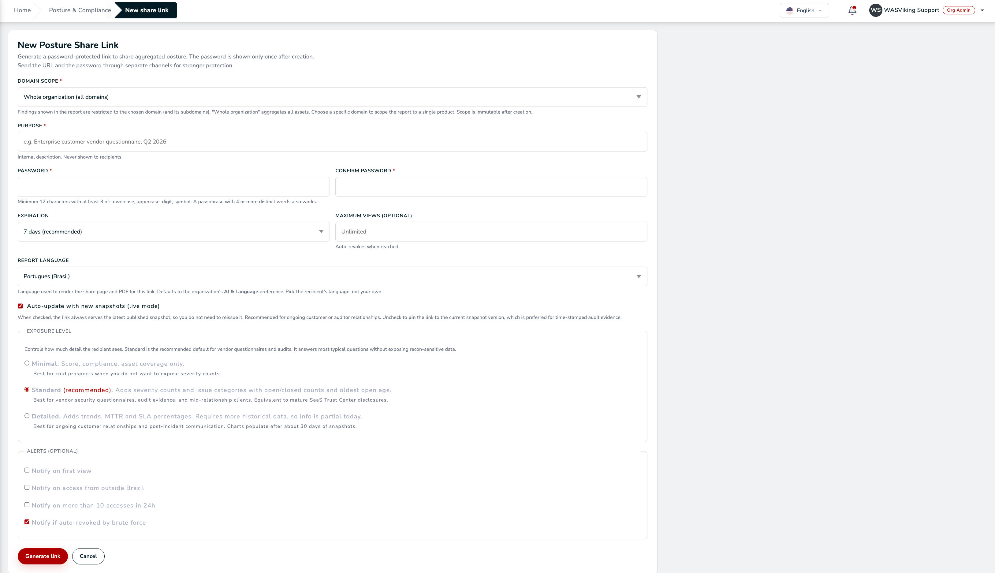 New Posture Share Link form with domain scope, purpose, password, expiration, exposure level, and alerts