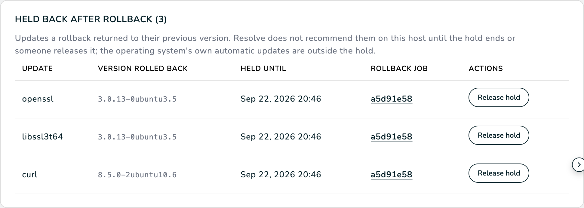 Card Held Back After Rollback na página do ativo de acme-app-01: openssl, libssl3t64 e curl, as versões revertidas, a data em que a retenção termina, o id do job de rollback e um botão Release hold por linha