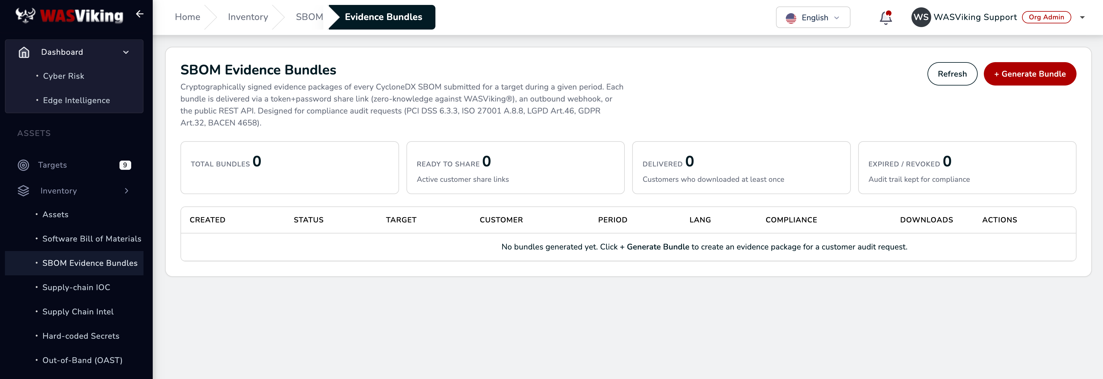 SBOM Evidence Bundles page with the four counters and the bundle table