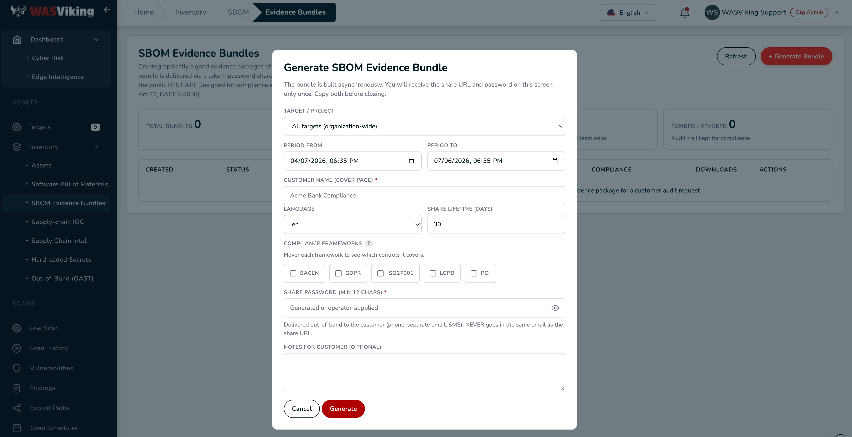 Generate SBOM Evidence Bundle dialog with target, period, customer name, frameworks, and share password