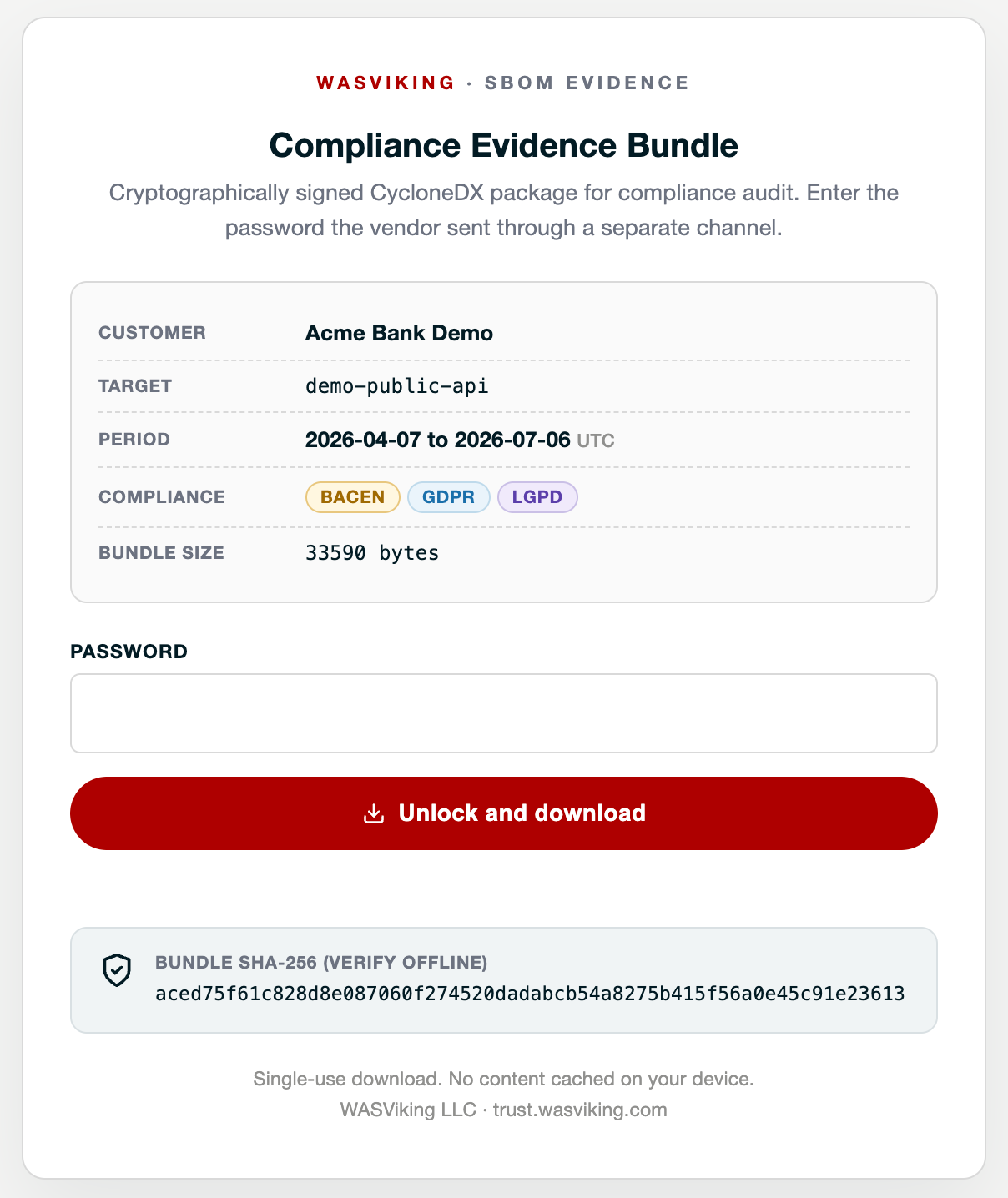 Recipient unlock page showing customer, target, period, compliance tags, the password field, and the offline SHA-256