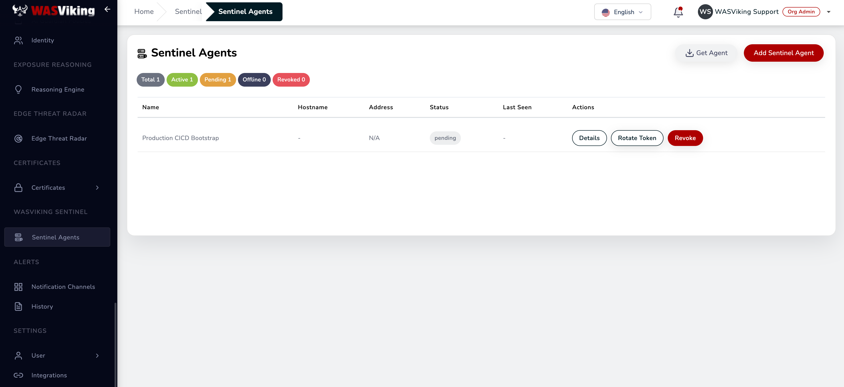 Sentinel Agents page with the status pills and the agent table