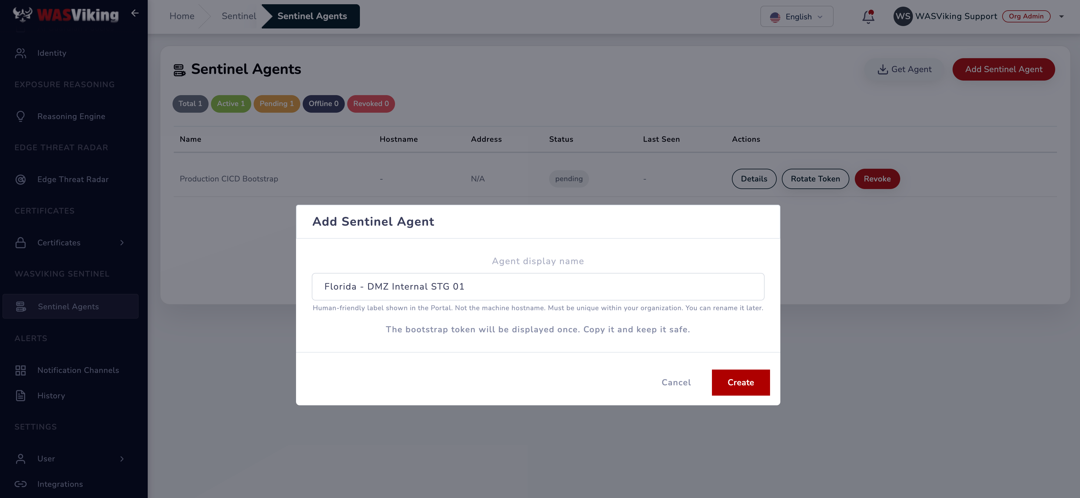 Add Sentinel Agent dialog with the display name field