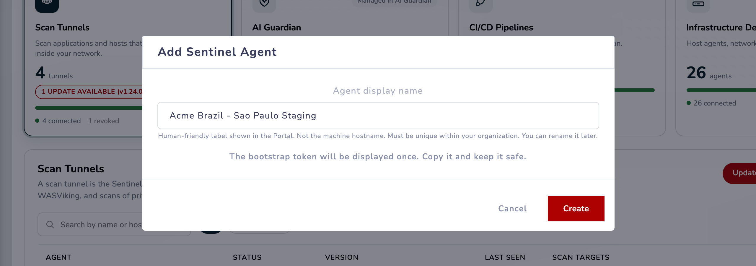 Add Sentinel Agent dialog with the display name field