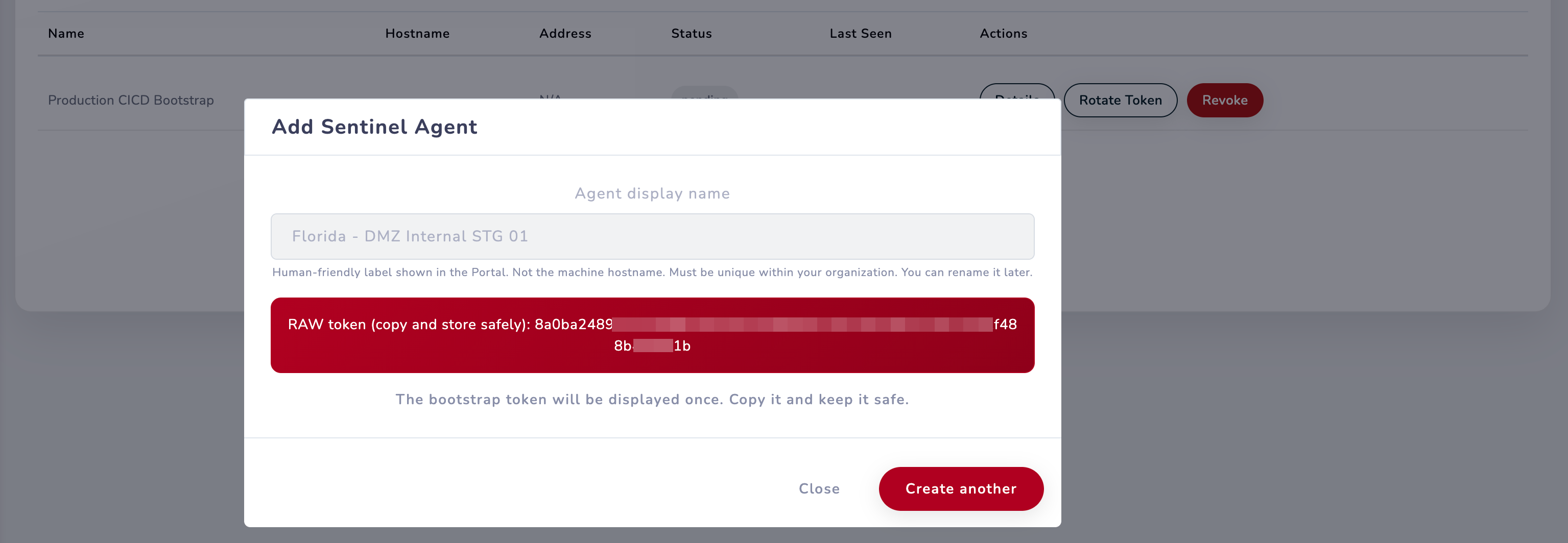 Agent created dialog showing the one-time RAW bootstrap token