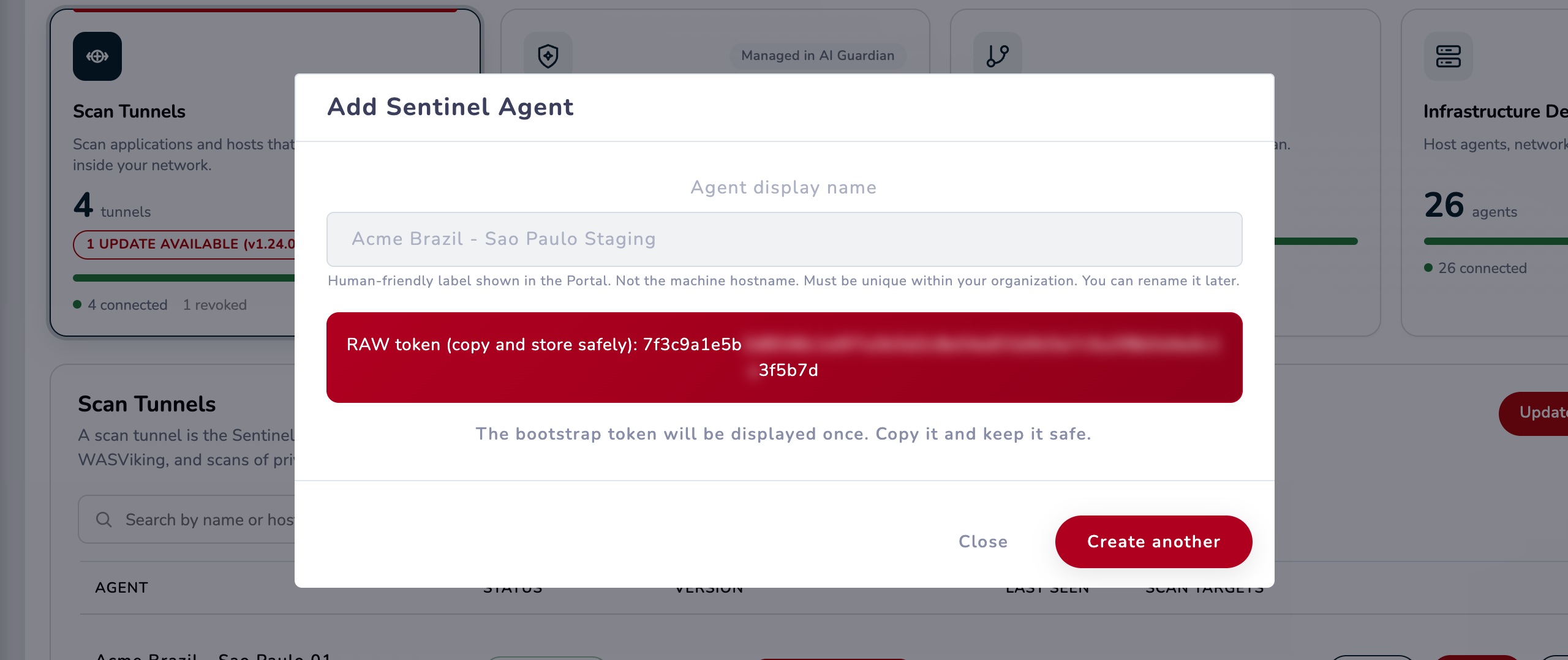 Agent created dialog showing the one-time RAW bootstrap token