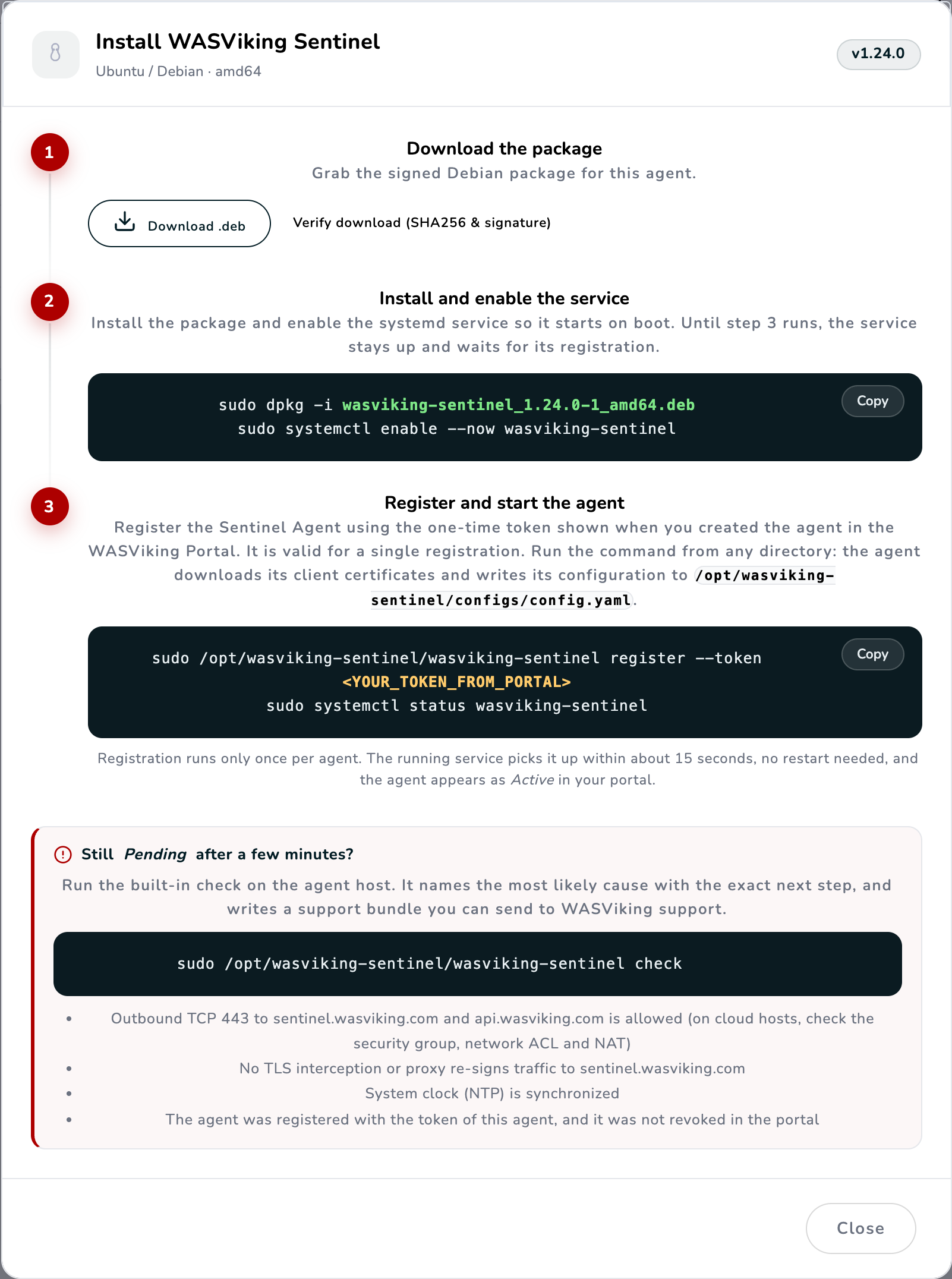 Install WASViking Sentinel instructions with the download, install, and register commands