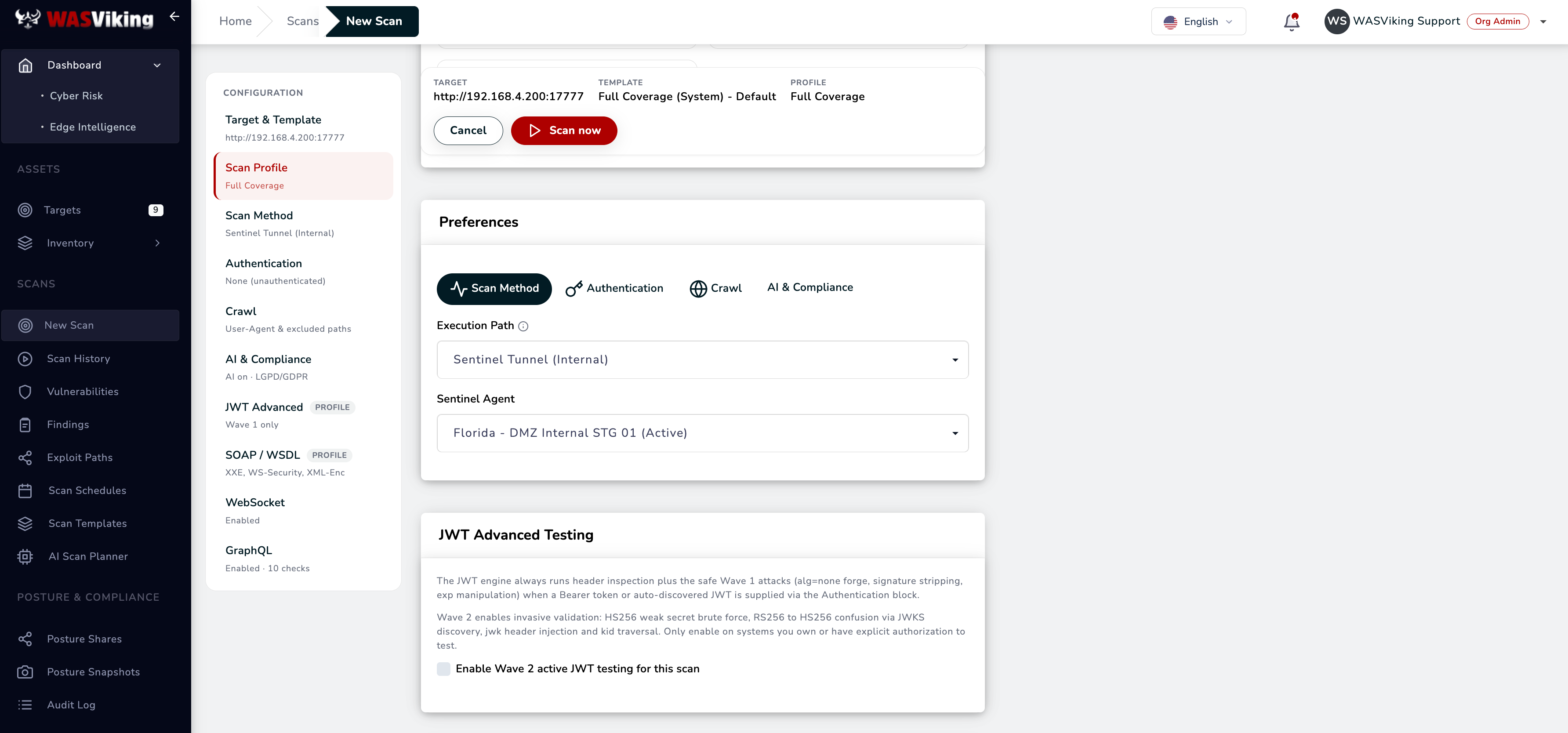 New Scan preferences with Execution Path set to Sentinel Tunnel (Internal) and the Sentinel Agent selected