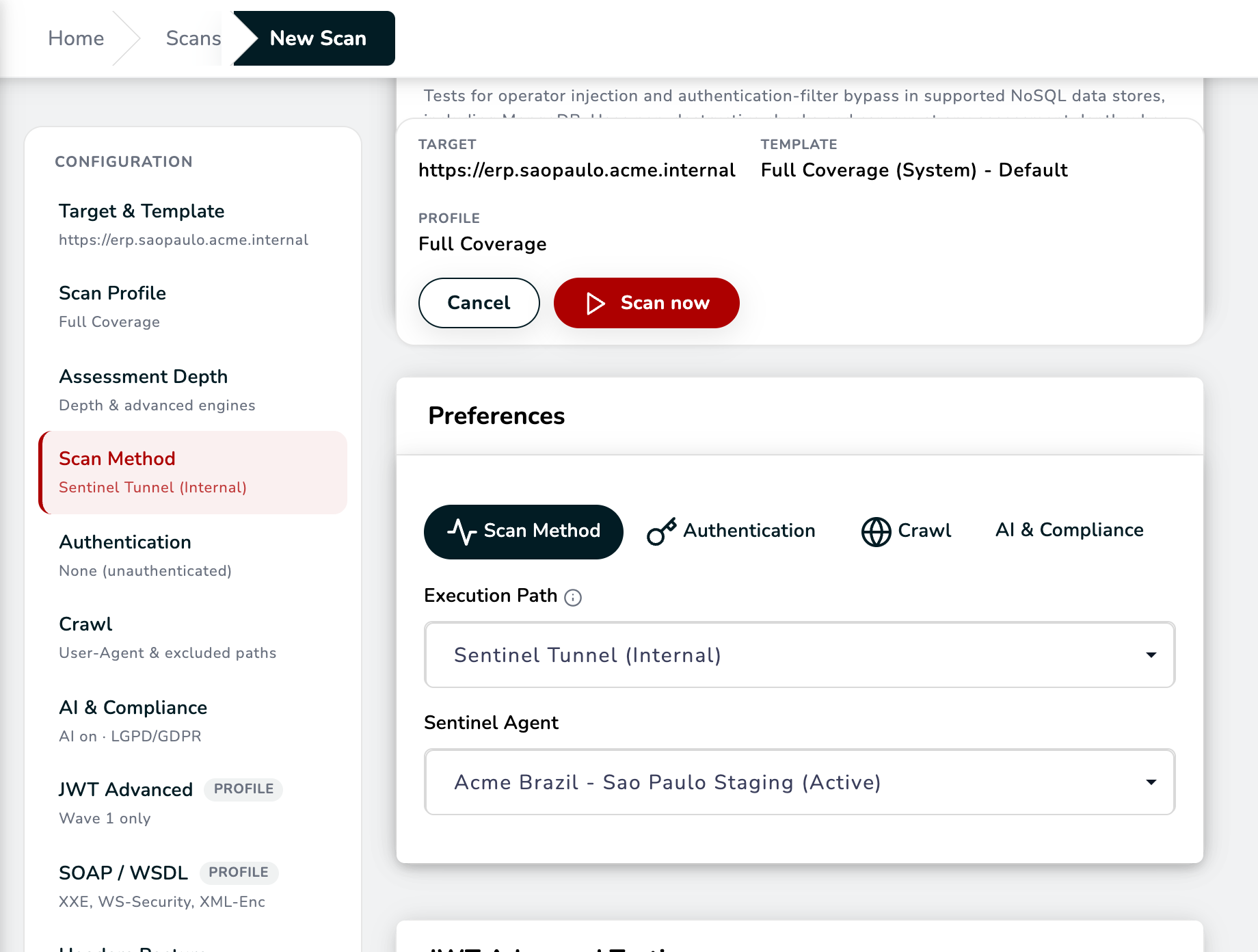 New Scan preferences with Execution Path set to Sentinel Tunnel (Internal) and the Sentinel Agent selected